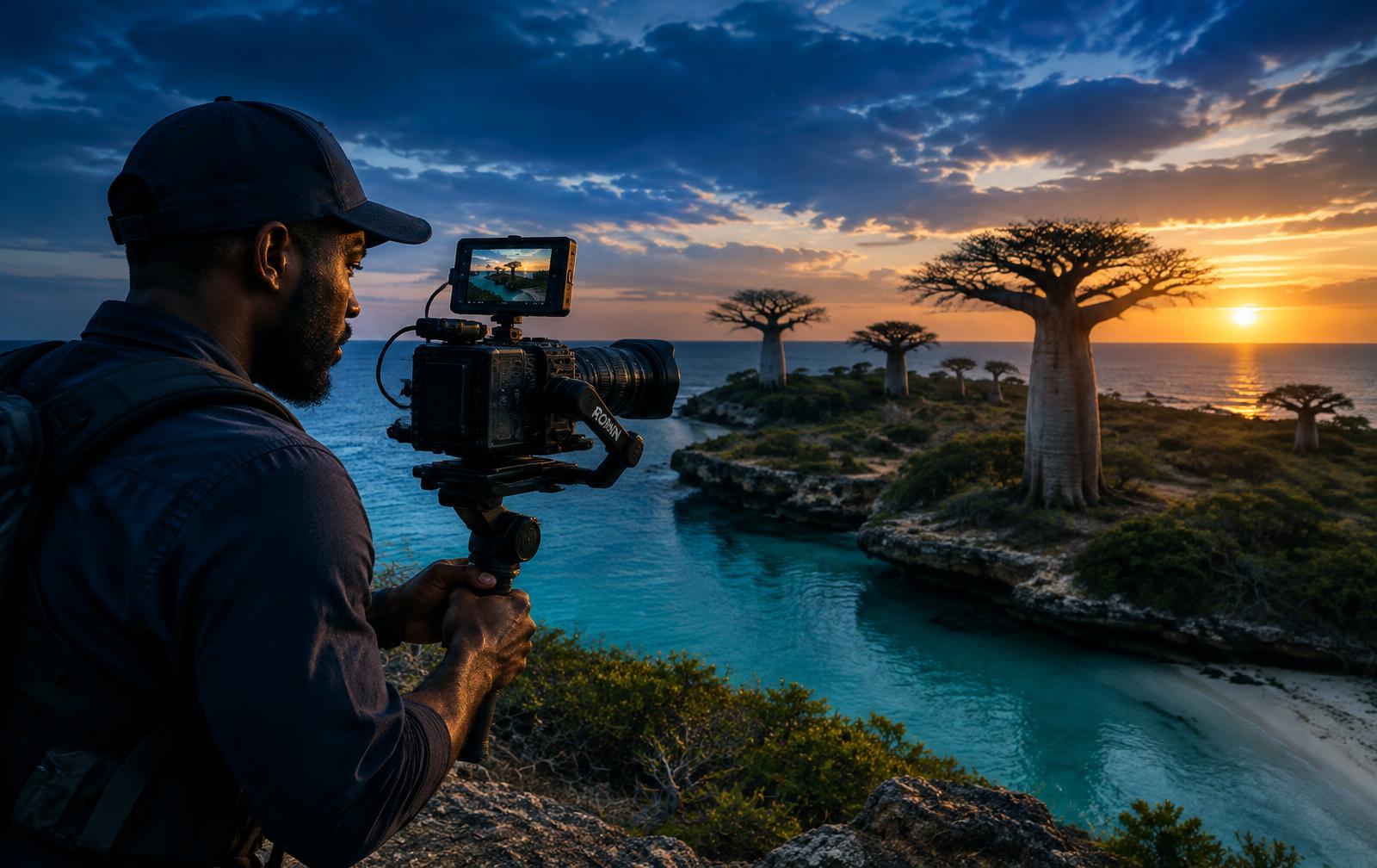 Videographer filming baobab trees on the Kilifi coast at sunset